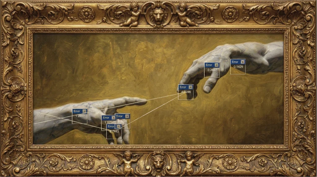 A gilded Renaissance frame around a painting of two hands reaching toward one another, overlaid with small ‘Error’ dialog boxes